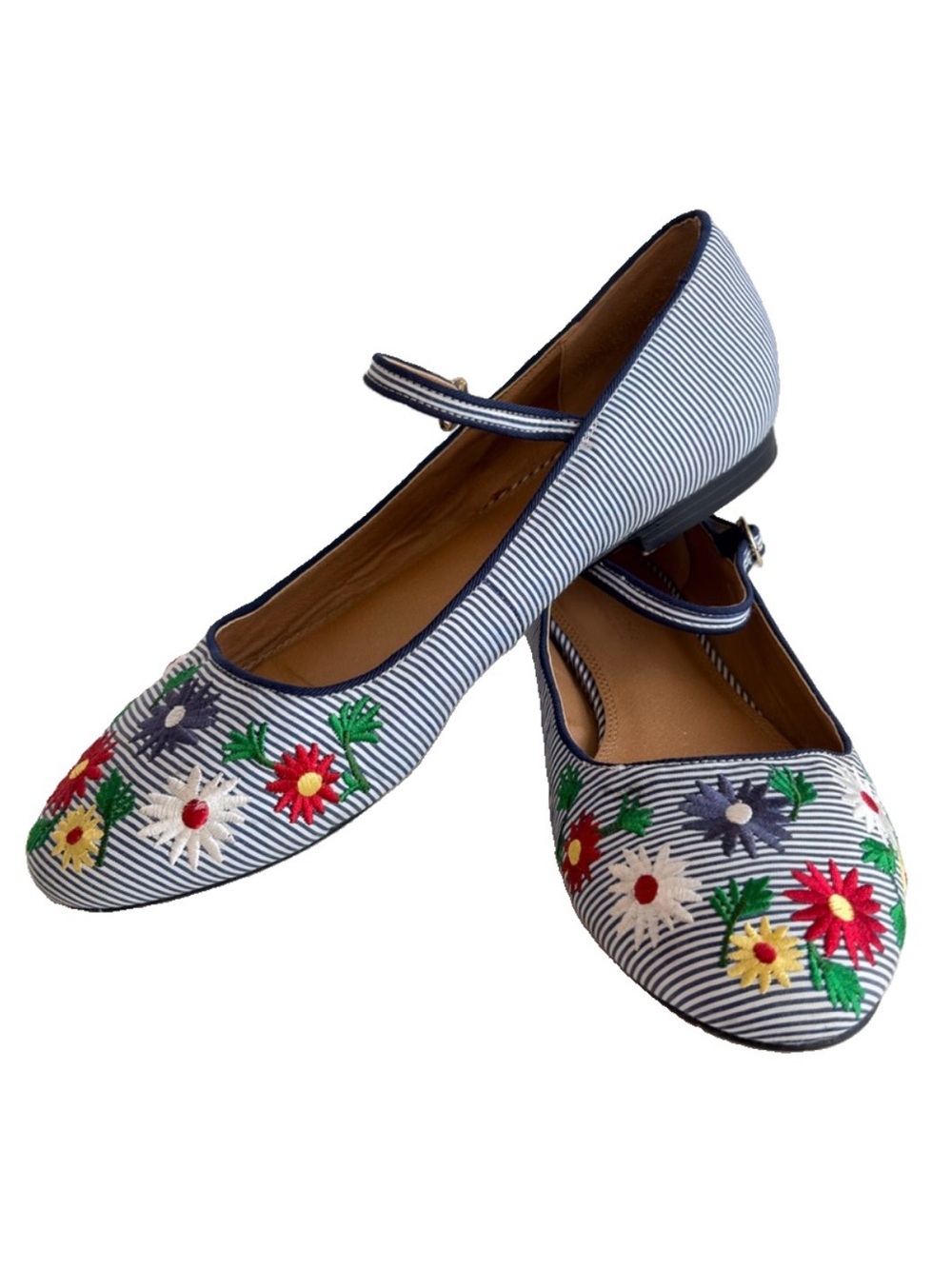 ASOS Lottie Mary Jane Ballet Flats Shoes Sz 6 Blue Stripe Flowers Whimsy Kitsch
